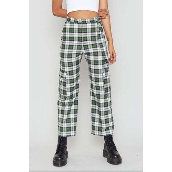 The Ragged Priest Escape Cargo Pants Wide Leg High Waist Plaid Trousers Green - Picture 3 of 10